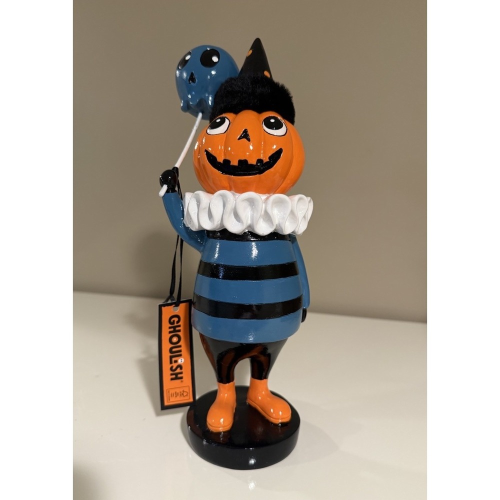 Ghoulish Pumpkin Figurine with Skull Balloon Halloween Decor Ruffle Shirt New